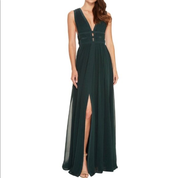 NWT Nicole Miller gladiator goddess plunge neck cage cutout side slit silk gown